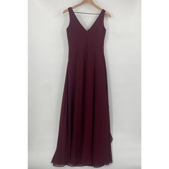 Azazie Empire Waist Gown Draped Front Mesh Overlay Maxi V Neck Burgundy Womens 8 - Picture 4 of 10